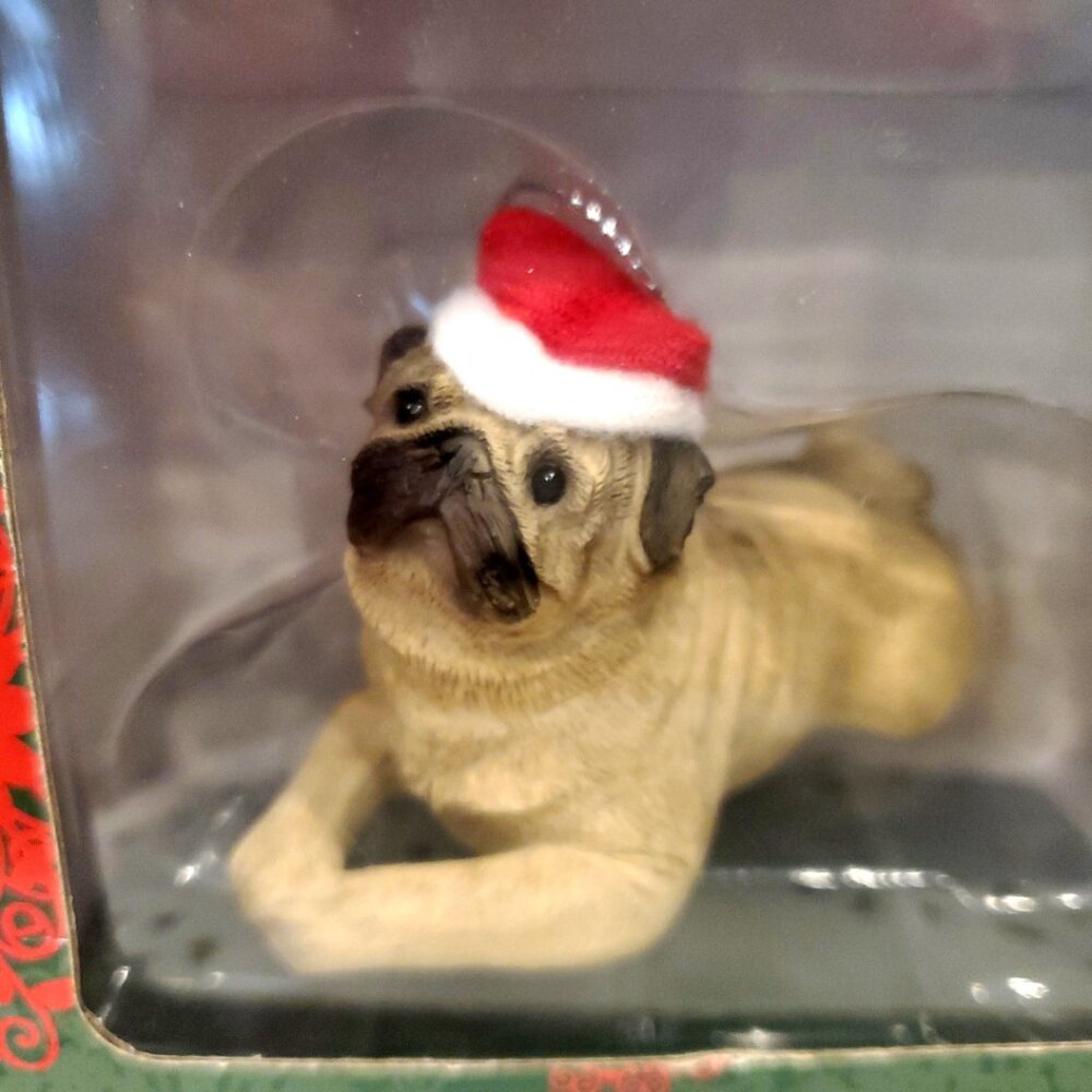 SANDICAST PUG Dog Christmas Ornament W/Hat Hand Painted NIB